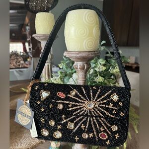 NWT Embellished Black Beaded Starburst Evening Shoulder Bag